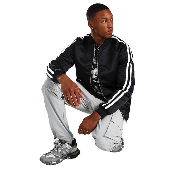 BoohooMan Black Satin Bomber Jacket with Side Stripes - Picture 5 of 10